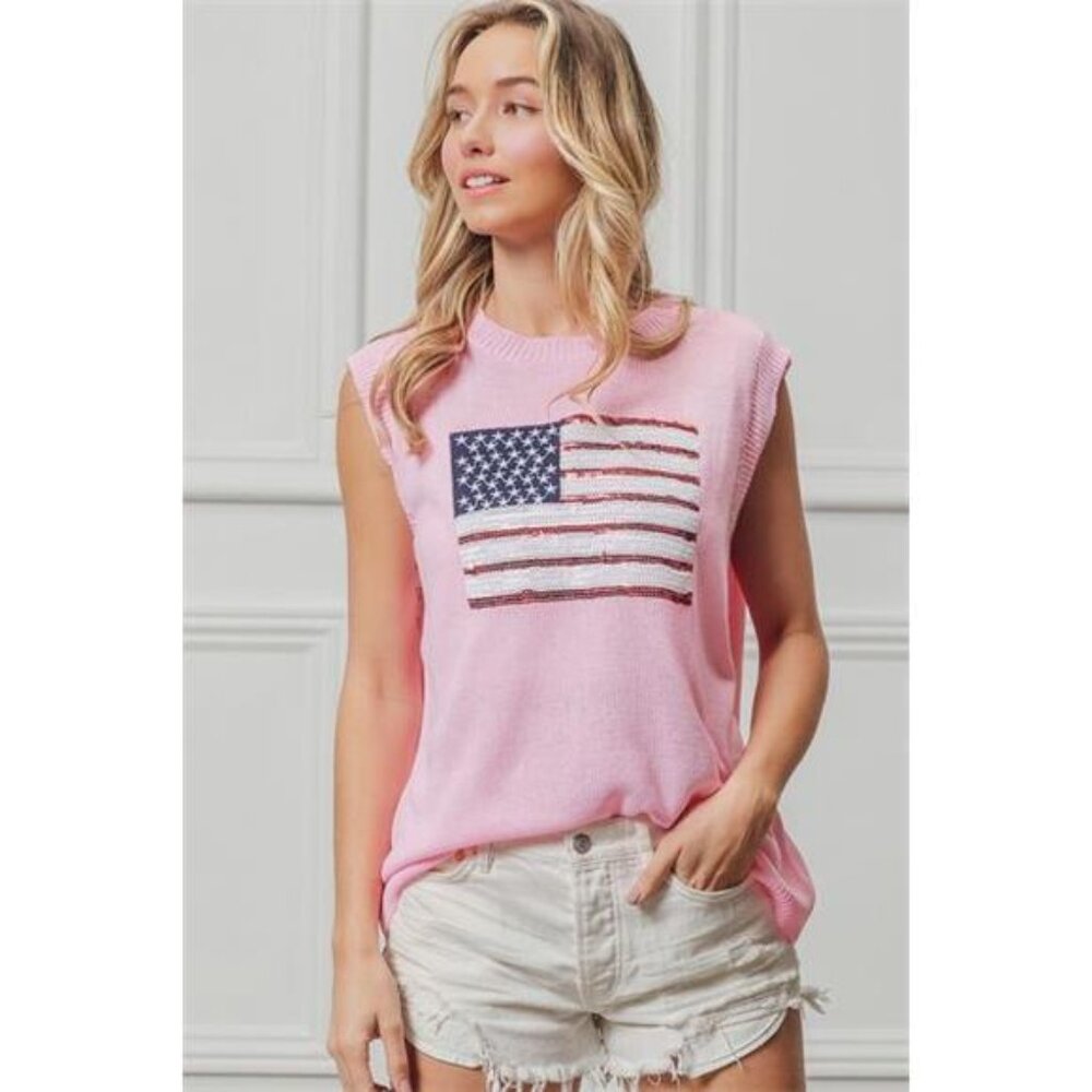 BiBi‎ American Flag Sequins Patch Knit Top